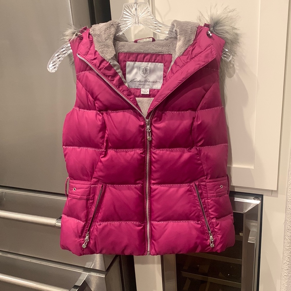Eddie Bauer goose down women's hoodie vest, faux fur trim, XS.